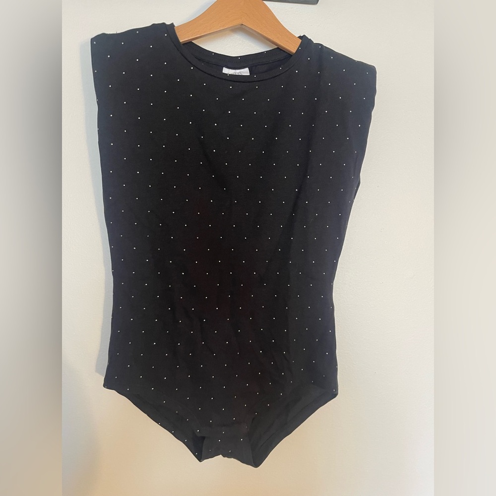 Zara Black Rhinestones Bodysuit with padded shoulders